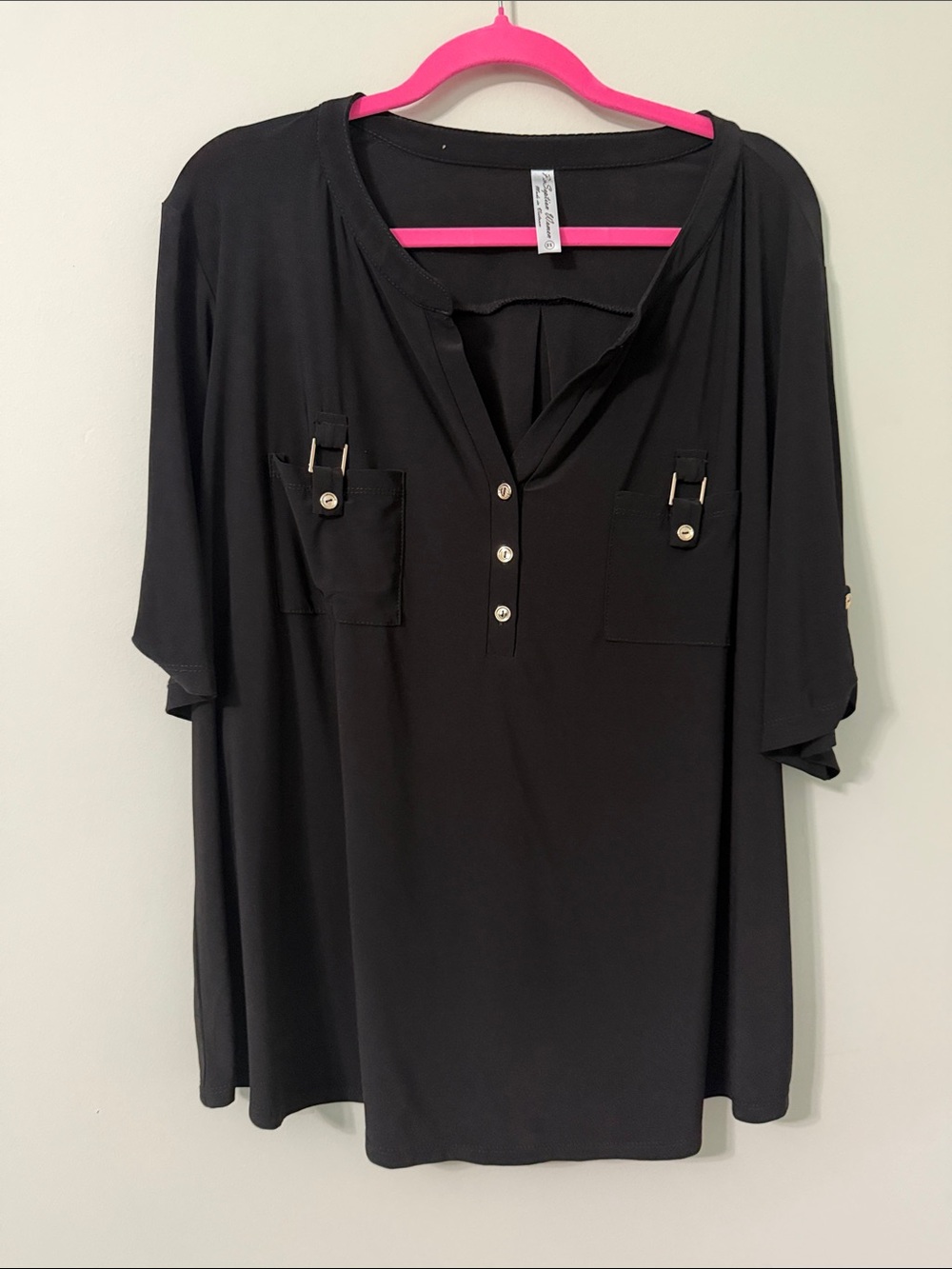 Black V-Neck Button Front Tunic with Pocket Buckle Detail